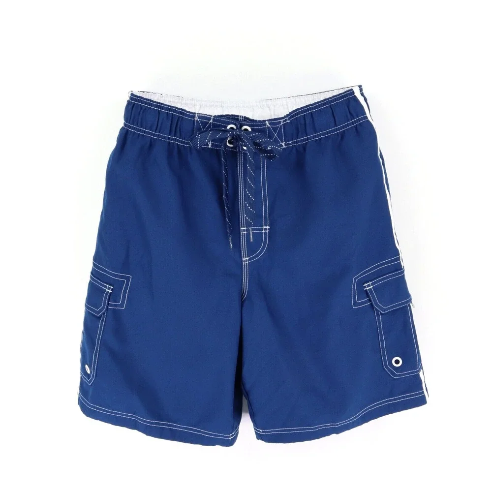 OP Swim Trunks w/Liner Mens M Blue Side Stripes Stretch Waist Drawstring Pockets